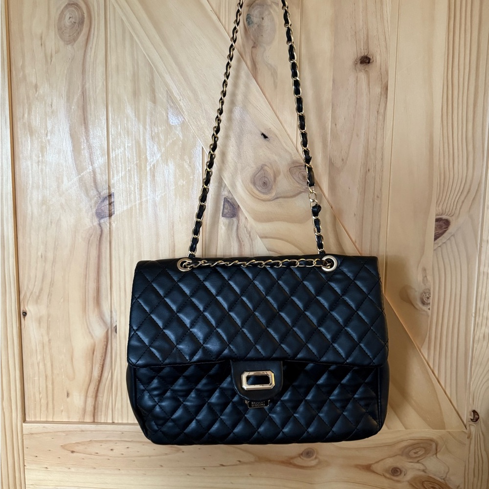 Badgley Mischka Black Quilted Shoulder Bag with Gold Chain - Picture 11 of 14